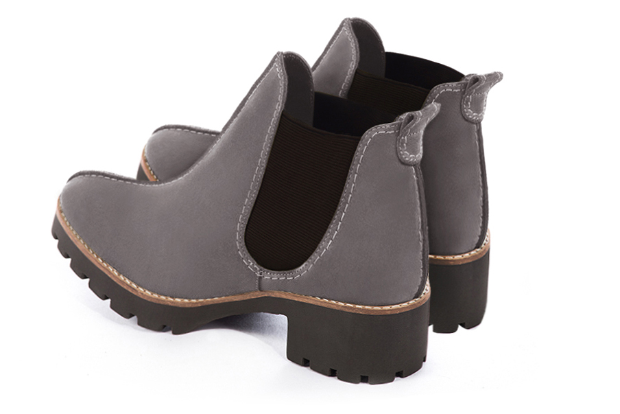 Women's pebble grey and dark brown elegant Chelsea ankle boots, with side elastics. Round toe. Thick rubber soles - Rear view